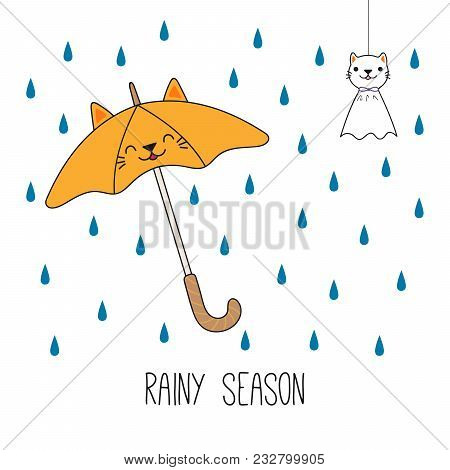 Hand Drawn Vector Illustration Of A Kawaii Cat Umbrella, Japanese Teruterubozu Doll, Under The Rian.