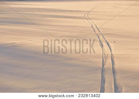 Footprints In The Snow In The Golden Hour.