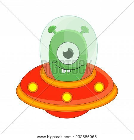 Cute Cartoon Green Alien In A Red Alien Ship Vector Illustration Isolated On White Background.