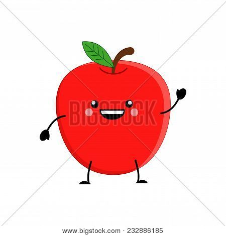 Cute Cartoon Apple. Kawaii Apple. Vector Illustration Isolated On White Background.