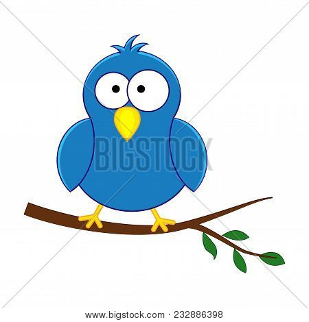 Funny Cartoon Blue Bird Sitting On The Branch. Vector Illustration Isolated On White Background.