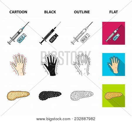Syringe With Insulin, Pancreas, Glucometer, Hand Diabetic. Diabet Set Collection Icons In Cartoon, B