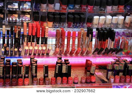 Amsterdam, The Netherlands, August 5th 2015: Rimmel Nailpolish On Display In A Big Drugstore