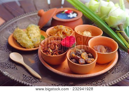 Side Dish Of Kao Chae Set In Pottery, Thai Traditional Food Usually Eat In Summer Or Songkran Festiv