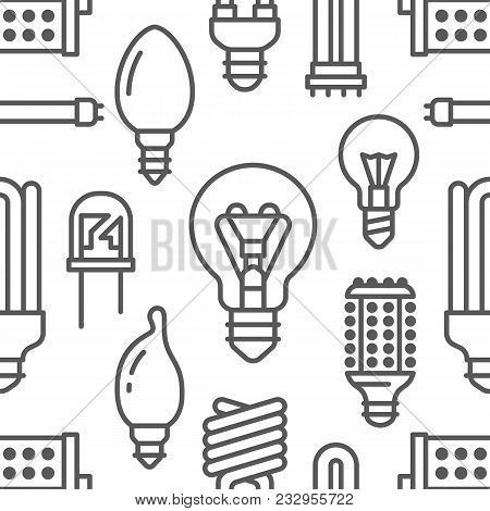 Light Bulbs Seamless Pattern With Flat Line Icons. Led Lamps Types, Fluorescent, Filament, Halogen, 