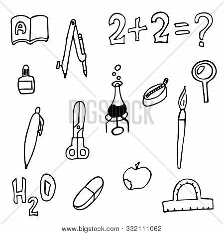 Set Of School Things. Isolated Doodle Outline Stock Vector Illustration