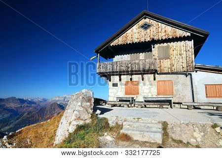 Built in 1883, the mountain hut Rifugio Nuvolau is the oldest refuge in the Dolomites, built on the summit of Mount Nuvolau (2575 metres), Italy, Europe