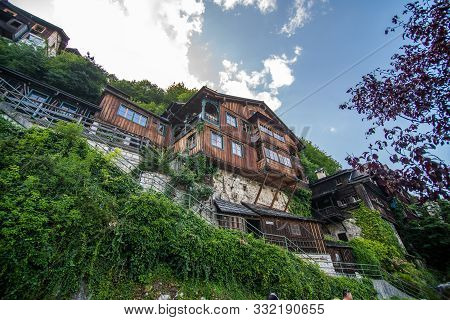 Hallstatt, Austria - July, 2019: Town Square In Hallstatt, Austria. Hallstatt Is Historical Village