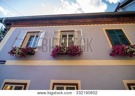 Hallstatt, Austria - July, 2019: Town Square In Hallstatt, Austria. Hallstatt Is Historical Village