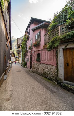Hallstatt, Austria - July, 2019: Town Square In Hallstatt, Austria. Hallstatt Is Historical Village
