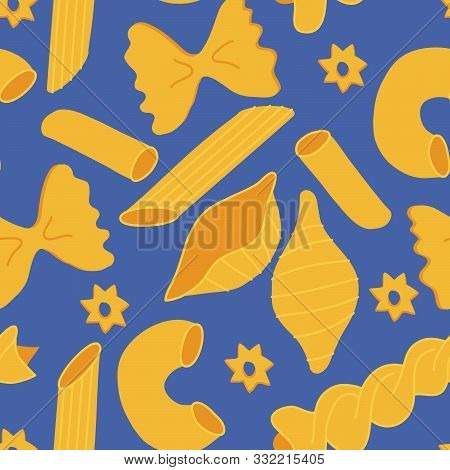 Vector Seamless Pattern Of Different Tipes Of Pasta On Blue Background