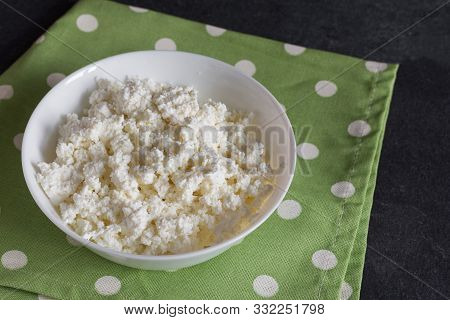 Fresh Organic Cottage Cheese Top View. Healthy Fermented Food.
