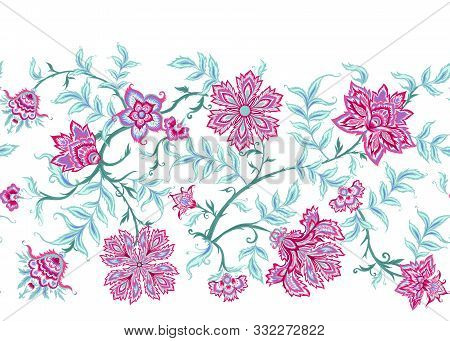 Ethnic Seamless Pattern In Kalamkari Style, Fantasy Floral Pattern. Colored Vector Illustration With