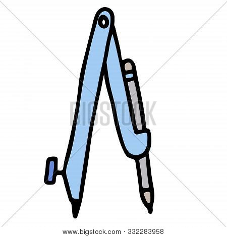 Cartoon Blue Compass With Pencil. Isolated Doodle Stock Vector Illustration