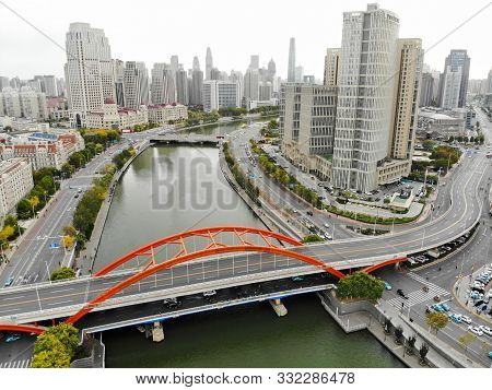 Aerial View Of Tianjin Cityscape With Haihe River And Skyscrapers. Urban Architectural Landscape Of 