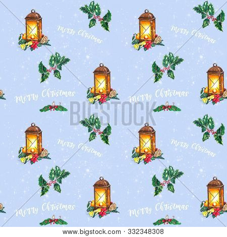 Christmas Seamless Background With Hand Sketched Lantern