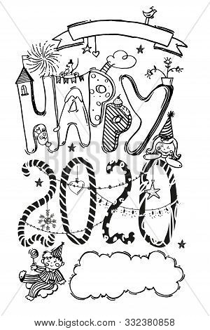 Doodle Hand Drawn Sketch, New Year Card. Merry Christmas And Happy New Year. Figures 2020, Happy Chi