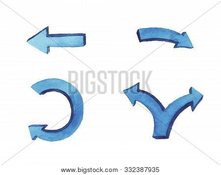 Blue Watercolor Hand Painted Brush Stroke Arrows Collection Isolated On White Background. Elements F
