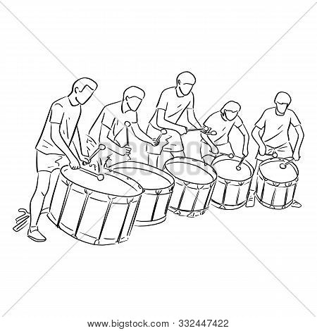 Five Teenagers Playing Marching Drum Vector Illustration Sketch Doodle Hand Drawn With Black Lines I