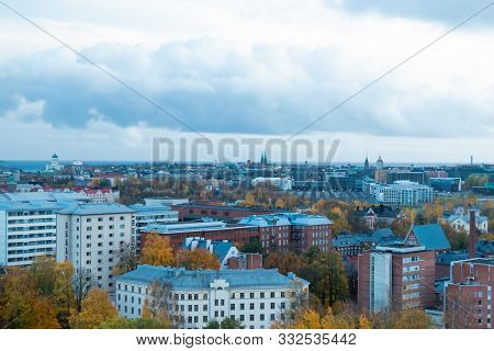 Aerial View Of Helsinki Center At Autumn Cloudy Evening.