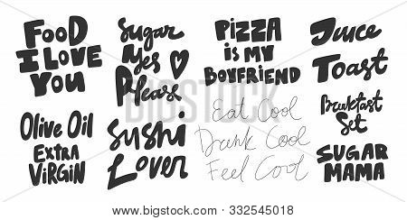 Food, Love, Sugar, Please, Sushi, Olive, Oil, Breakfast, Juice, Toast. Vector Hand Drawn Illustratio