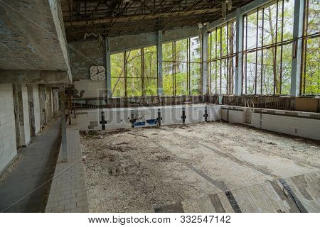 Chernobyl zone. Swimming pool in the city of Pripyat in Ukraine. Exclusion Zone.