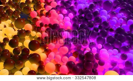 Beautiful Shiny Balls Of Different Colors And Sizes Completely Cover The Surface. Some Spheres Glow.