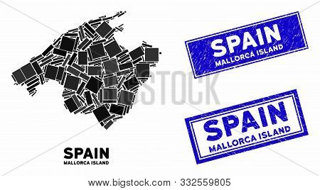 Mosaic Spain Mallorca Island Map And Rectangle Rubber Prints. Flat Vector Spain Mallorca Island Map 