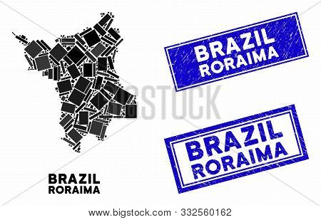 Mosaic Roraima State Map And Rectangle Seal Stamps. Flat Vector Roraima State Map Mosaic Of Randomiz