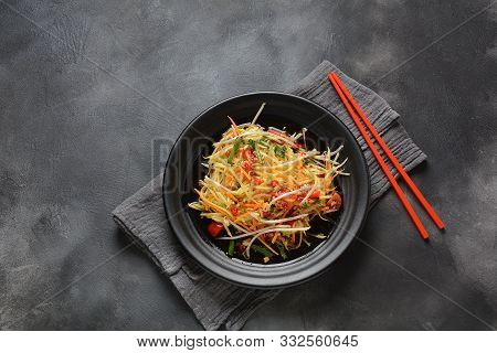 Delicious Som Tam -thai Green Papaya Salad With Green Beans, Tomatoes, Peanuts. Thai Street Food . H
