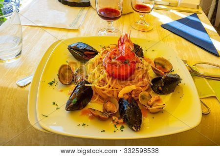 Pasta With Seafood On Plate At Italy