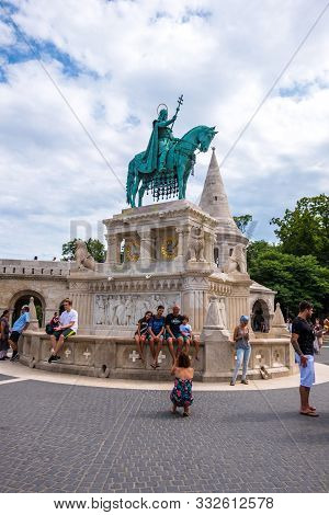 Budapest, Hungary - August 8, 2019: Equestrian Statue Of King Saint Stephen In Fishermans Bastion Of