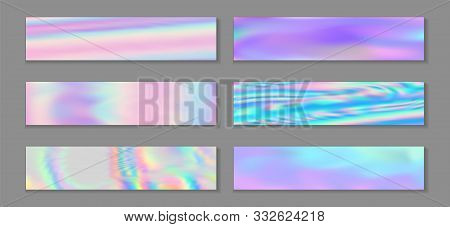Holographic Vivid Flyer Horizontal Fluid Gradient Unicorn Backgrounds Vector Set. Bokeh Holographic 