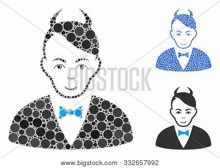 Devil Mosaic Of Filled Circles In Variable Sizes And Color Hues, Based On Devil Icon. Vector Small C