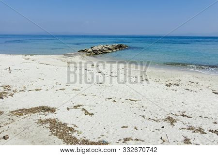 Kallithea, Kassandra, Greece - March 31, 2019: Panoramic View Of Beach Of Resort Of Kallithea, Kassa