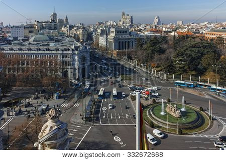 Madrid, Spain - January 24, 2018:  Amazing Panorama Of City Of Madrid From Cybele Palace (palacio De