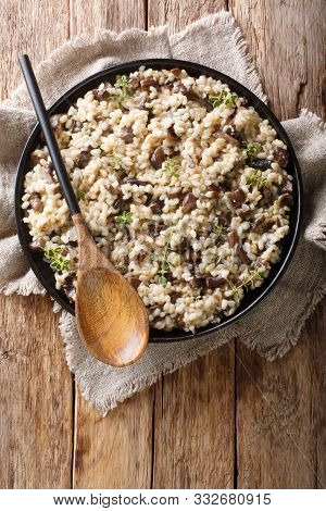 Italian Orzotto (perlotto) With Porcini Mushrooms And Thyme Closeup On A Plate. Vertical Top View