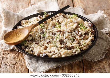 Healthy Orzotto Cooked From Pearl Barley Withporcini Mushrooms Close-up On A Plate. Horizontal