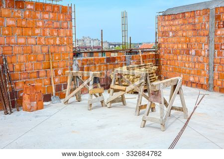 Wooden Frame Truss Made Of Beams For Mobile Scaffold At Building Site, Under Construction.