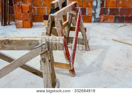 Wooden Frame Truss Made Of Beams For Mobile Scaffold At Building Site, Under Construction.