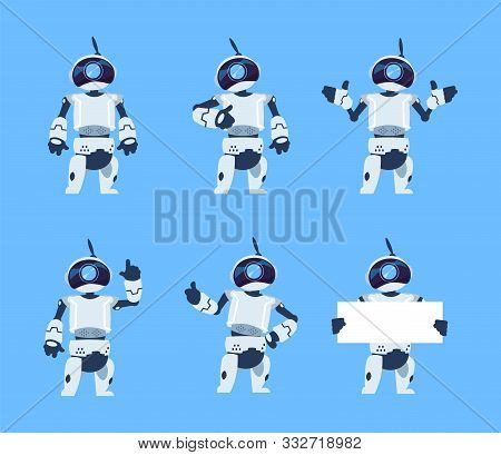 Cute Robots. Cartoon Android Character Set, Futuristic Machine With Different Poses. Vector Isolated