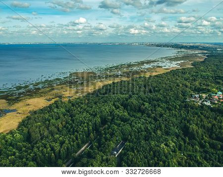 Aerial Photo Of The Gulf Of Finland, Sandy Beach, Forest. Russia, St. Petersburg, Peterhof
