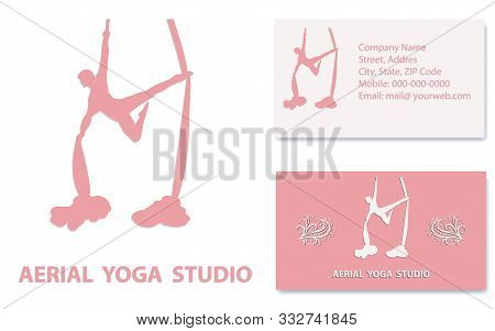Aerial Yoga - Business Card With Props, Pale Coral - Woman Silhouette, Exercise On A Hammock - Vecto