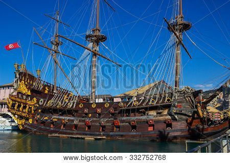 Genoa, Italy - September 11, 2019: Galeone Neptune Pirate Ship In Genoa Porto Antico At Italy.