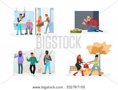 Criminal Set Of Malefactor. Kidnapers, Burglars, Thieves, Their Victims And Detective Isolated. Flat