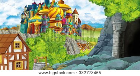 Cartoon Scene With Kingdom Castle And Mountains Valley Near The Forest And Farm Village Settlement A