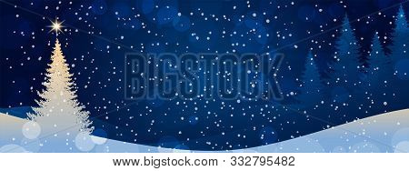 Festive Banner With Christmas Tree. A Star Illuminates A Christmas Tree. Winter Night Background Wit