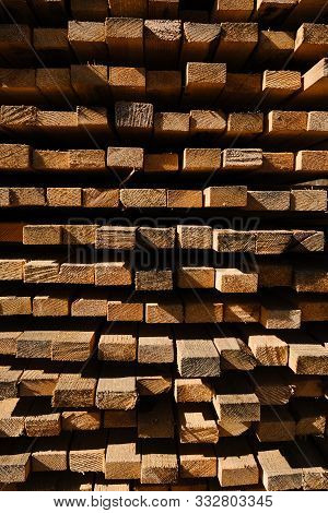 Wood Factory Stock And Lumber Board With Nature Business Export. Wood Timber In The Sawmill. Wood Ba