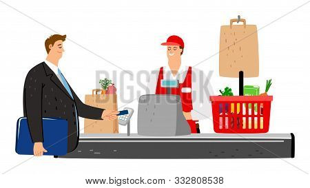 Cashier And Buyer. Flat Customer Pays With Credit Card In Store. Vector Food Basket, Cashbox, Smile 