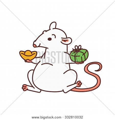 Rat With Gift And Lucky Charm Chinese New Year Symbols. Cute Mouse Vector Outline Cartoon Isolated I
